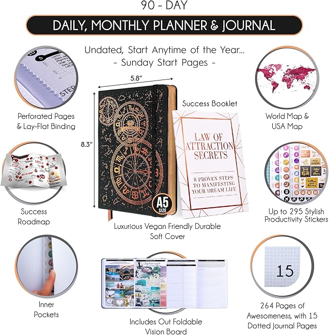 Life Planner - 5 Minute Daily Gratitude & Manifestation Journal | Positivity & Affirmation | Guided Mindfulness, Self Care & Mental Health Journal | 90-Day Undated Planner, Vision Board & Stickers