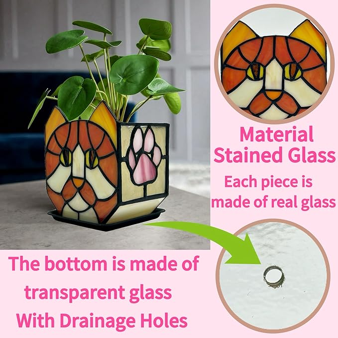 Stained Glass Orange Cat Planter,Indoor Flower Pots with Drainage,Cute Succulent Planter,Unique Orange Cat Flower Pot,Gifts for Plant Lovers 4.6x3x5.15 in