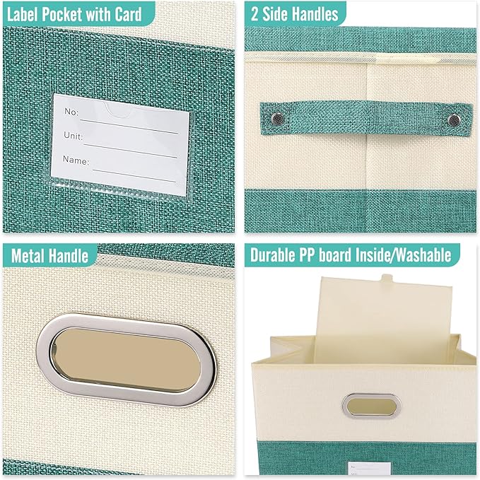 Large Linen Fabric Foldable Storage Bins with Removable Lid and Handles, Washable Storage Box Organizer Containers Baskets Cube with Cover for Bedroom,Closet,Office (Black&White, Medium)