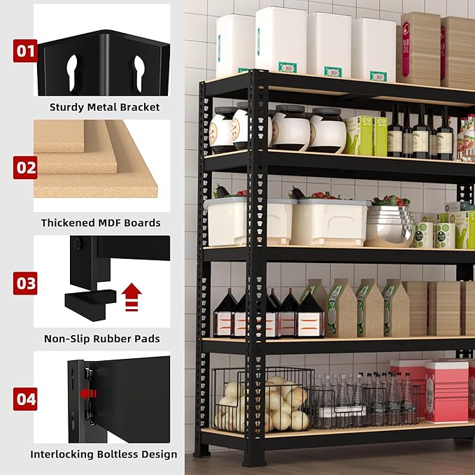 2 Packs 35.5" W x 16" D x 71" H Adjustable Garage Storage Shelves - 5-Shelf Heavy Duty Shelving Unit, Metal Utility Storage Organizer Racks for Warehouse Pantry Closet Kitchen, Black