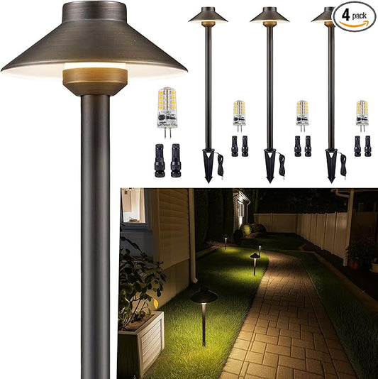 Low Voltage Landscape Lighting Brass - 12v Pathway Lights Waterproof, Hard Wired Path Light Outdoor, Mushroom Bronze for Exterior Area Patio with 3W 4000K Neutral White G4 Bulb (4 Pack)