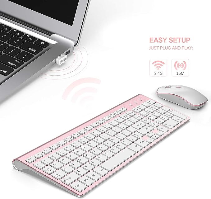 Wireless Keyboard Mouse, JOYACCESS 2.4G Compact and Ultra Slim Wireless Keyboard and Mouse for Windows, Computer, Desktop, PC, Laptop (Pink)