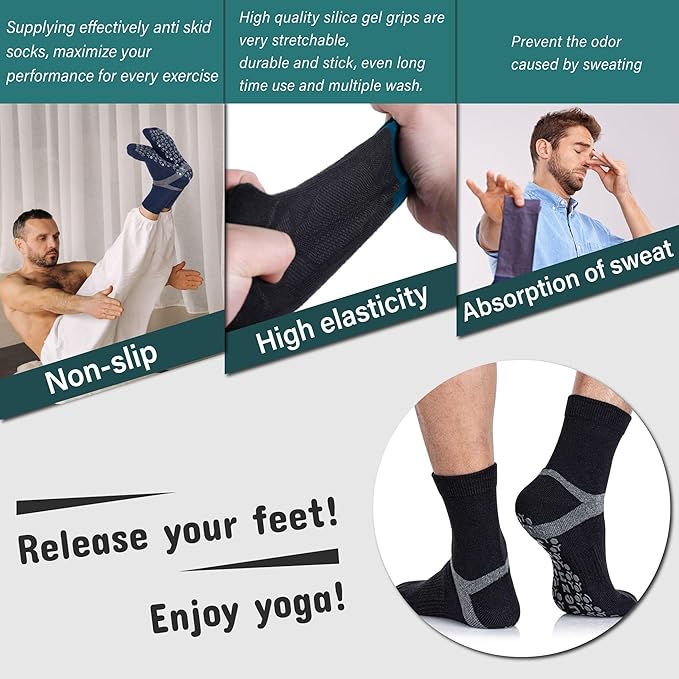 Muezna Men's Non-Slip Yoga Socks, Anti-Skid Pilates, Barre, Bikram Fitness Hospital Slipper Socks with Grips