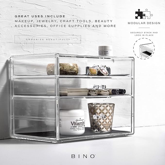BINO | 3 Drawer Makeup Organizer | Amsterdam Avenue | THE MANHATTAN SERIES | Makeup Drawer Storage | Cosmetic Organizer | Plastic Vanity | Organizer Clear Makeup Organizers And Storage Cases | Acrylic