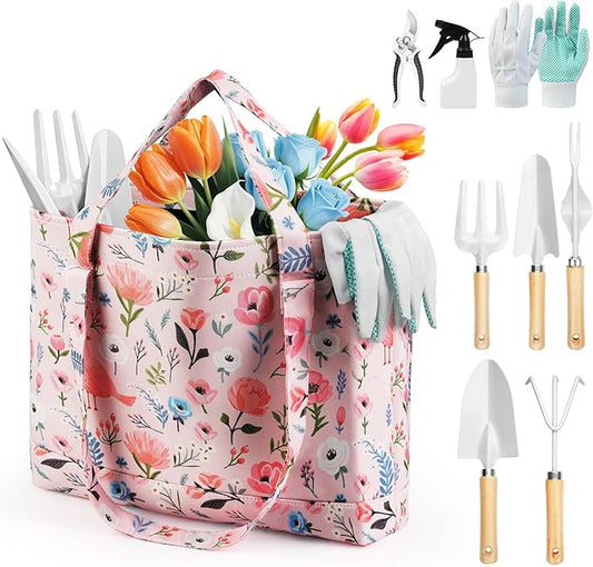 Gardening Tools, 10-Piece Gardening Gift Set for Women, Rust-Proof & Heavy-Duty Tools with Floral Organizer Bag, Fashionable & Thoughtful Gift for Garden Women (Pink White)
