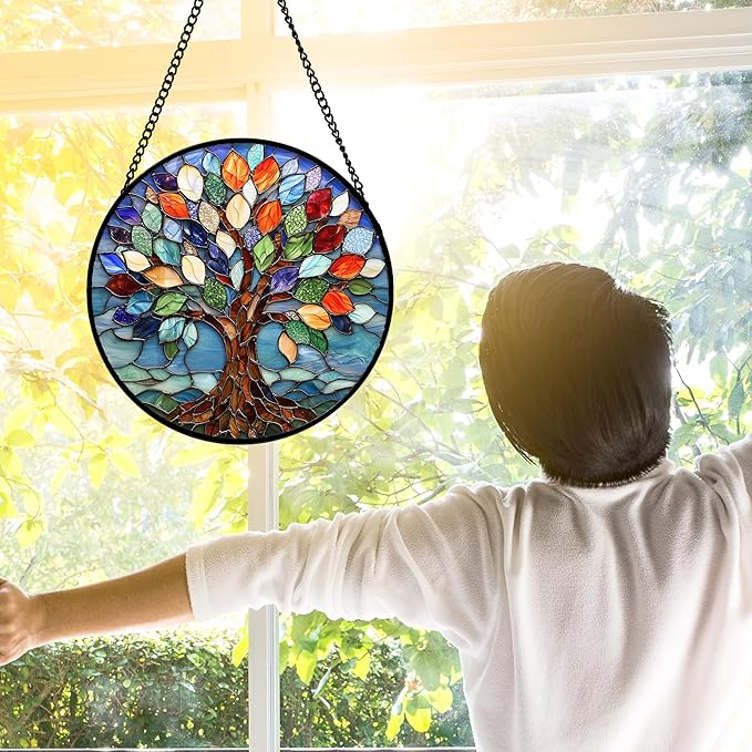 Stained Glass Window Hanging, Colorful Tree of Life Sun Catchers Glass Panel Blue Suncatcher Decor for Birthday for Women, Men, Wife, Aunt, and Mom 9.8 in