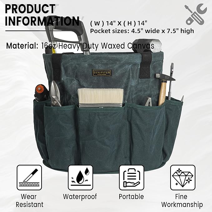 Heavy Duty Waxed Canvas Gardening Tote Bag - 14-Inch Water-Resistant Tool Organizer with 8 Pockets | Multi-Compartment Storage Solution for Pruning Shears, Gloves, and Small Tools (DarkGreen)