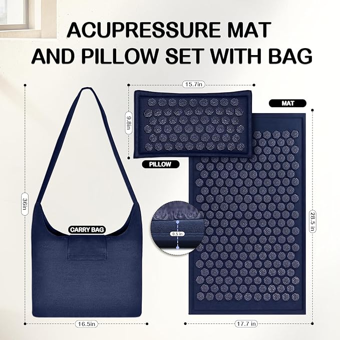 LadyRosian Acupressure Set for Back and Neck Pain Relief, Muscle Relaxation Stress Relief Acupressure Mat and Pillow Set with Bag (Navy Blue)