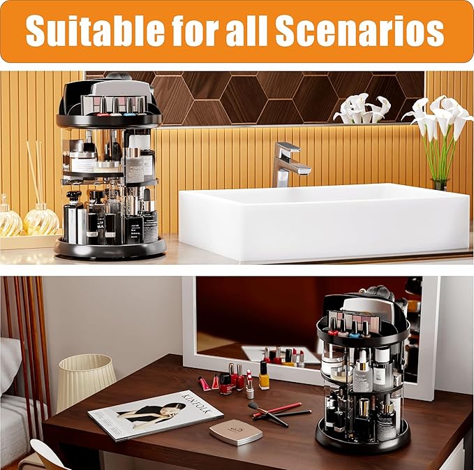 Yieach Rotating Make up Organizers for Counter,Adjustable Spinning Organizer for Vanity,Rotating Perfume Organizer,Lazy Susan Bathroom Organizer for Beauty Product,Spin Skin Care Storage Rack,Black