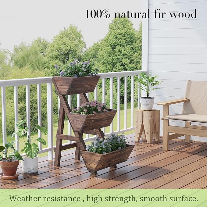 3-Tier Wooden Vertical Raised Garden Bed with Legs, Tiered Planter Box, Vertical Garden Planter,Wood Plant Stand Wood Flower Rack for Patio, Balcony, Freestanding. (Carbonized-Small)