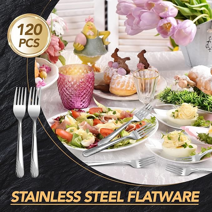 Bokon 120 Pieces Dinner Forks Bulk Set 6.9 Inches Stainless Steel Silverware Durable Table Forks Set for Home Restaurant Kitchen Dishwasher Safe