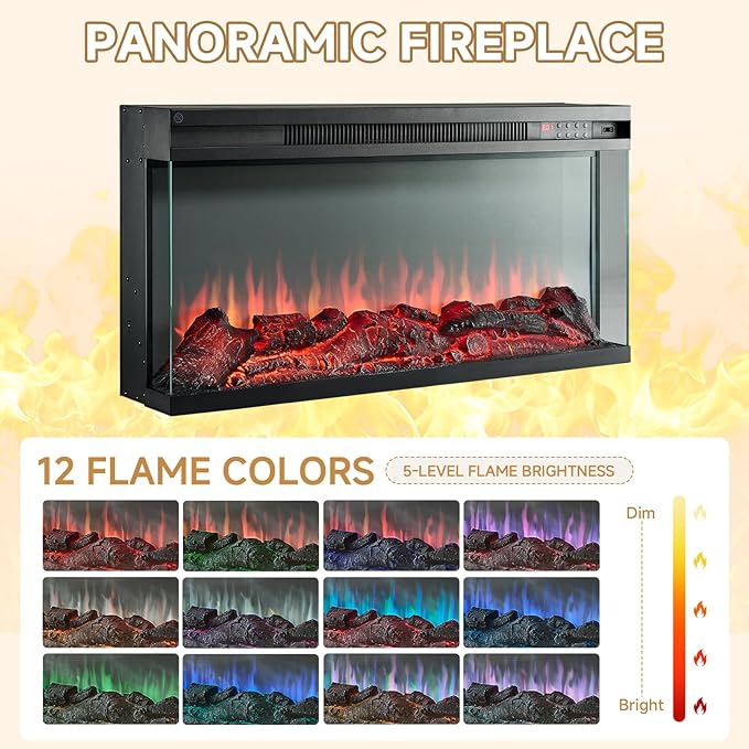 ROCKPOINT 3 Sided Glass 70" Fireplace TV Stand for TVs up to 80inch, Media Entertainment Center with Glass Door Storage Cabinet,36" Electric Fireplace with LED Light and Flame Colors, White