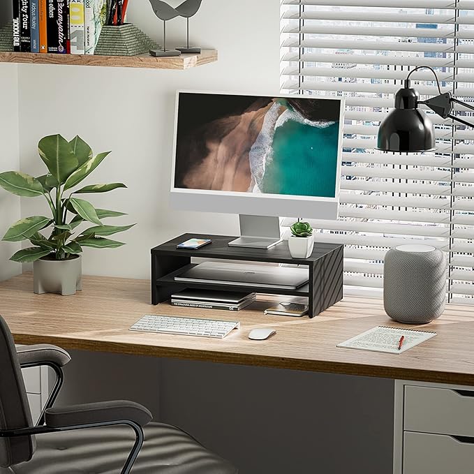 FITUEYES Monitor Stand - 2 Tier Computer Monitor Riser Shelf, Wood Desktop Stand for Laptop Computer Screen, Desk Organization, Office Supplies