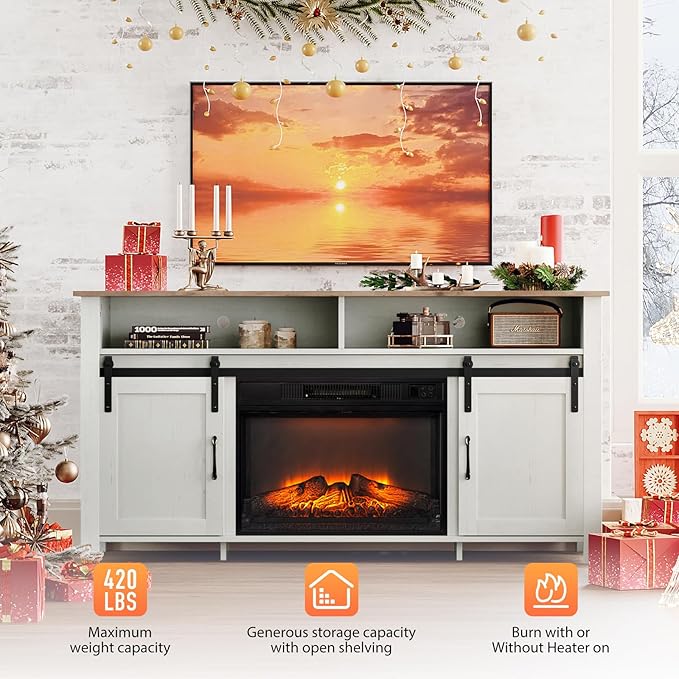 VINGLI Fireplace TV Stand with Sliding Barn Door for 70 Inch TV, Farmhouse Entertainment Center ＆ 23" Fireplace, Media Console Table with Storage Cabinets for Living Room, Distressed White & Barnwood