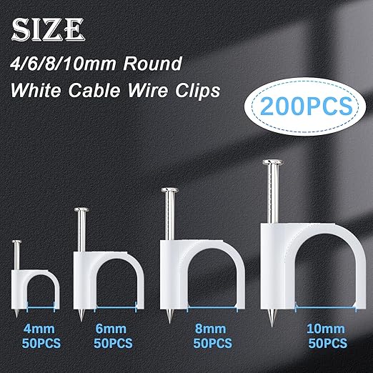 mxuteuk 200PCS Cable Clips with Steel Nails,4/6/8/10mm Round White Cable Wire Clips,Wall Clips for Cords,Cable Cord Clips for RG6 RG59 CAT6 RJ45