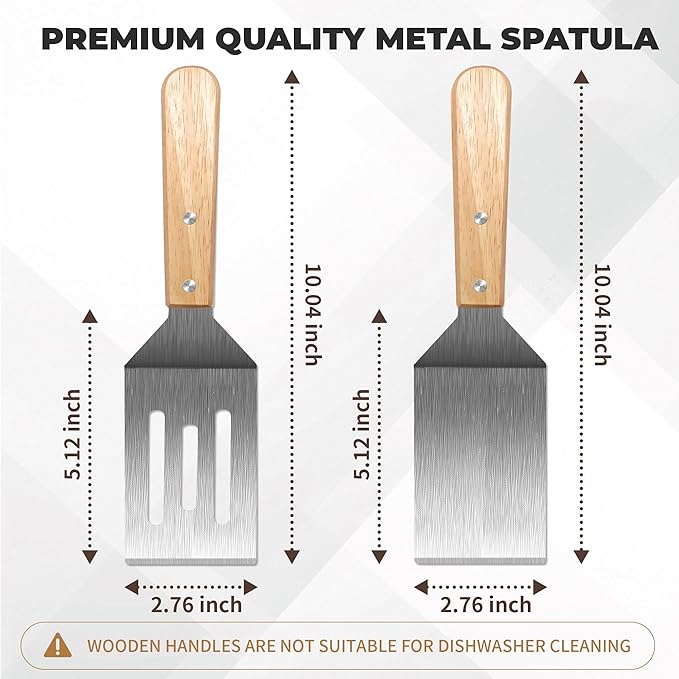 Stainless Steel Spatula Set, Metal Spatula for Cast Iron Skillet, Metal Spatulas for Kitchen Use with Wooden Handle, Ideal for Frying Steak, Pancake, Cookie, Burger, Brownie or Desserts