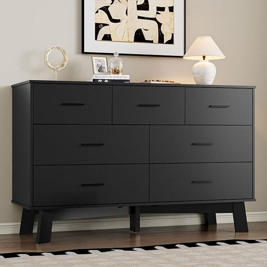 Dresser for Bedroom with 7-Drawer, 47.2" Wide Modern Chest of Drawers with Metal Handles, X-Shape Base & Adjustable Center Leg, Anti-Tip Closet Organizers and Storage