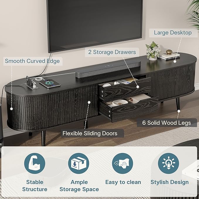 Alohappy 69" Mid Century Modern TV Stand with Power Outlet, Farmhouse Curved Edge TV and Media Console Table with Drawer and Shelf, Fluted Entertainment Center for Living Room, Bedroom, Black