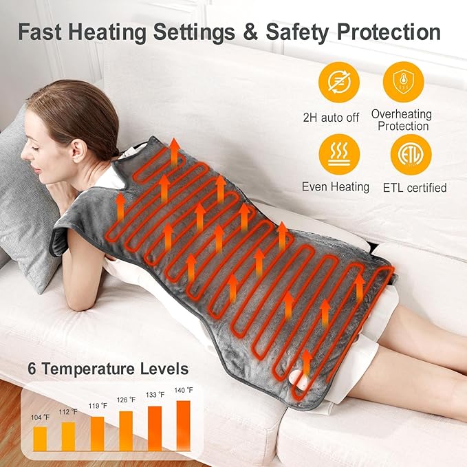 Fast Heating Electric Heating Pad for Neck and Shoulder and Back with 6 Heating Settings & 4 Timer, Large Size Heated Wrap with Auto Shut Off & Machine Washable (Dark Gray, 37x24inch)
