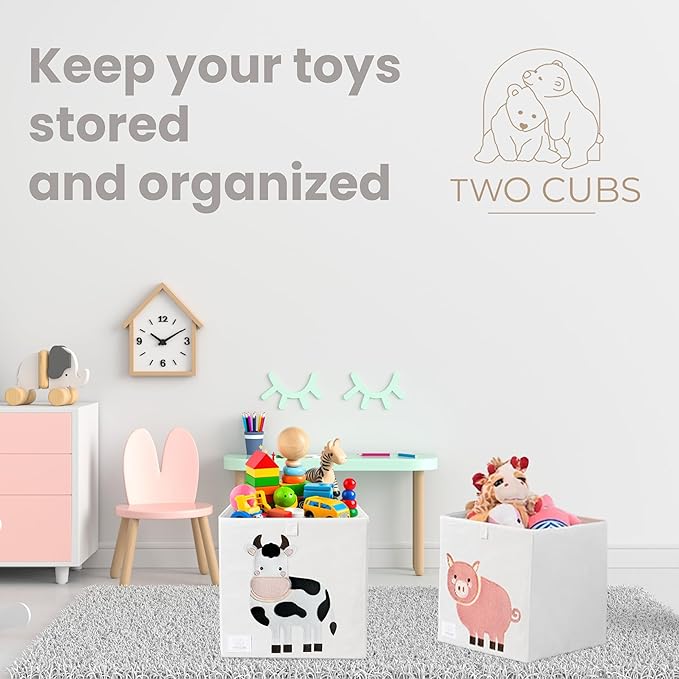 Two Cubs Foldable Kids Toy Storage Box - 13"x13" Cube Organizer Bin with Durable 2.6mm Plastic Plate Boards, Rooster Design in White - Collapsible Nursery & Playroom Storage, Fits IKEA Kallax Shelves
