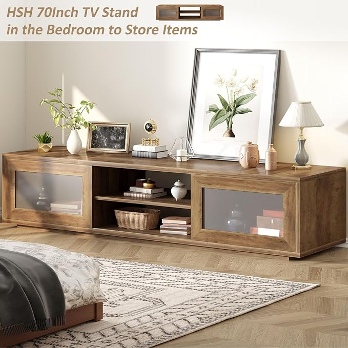 HSH 70 inch TV Stand for 75" TV,Entertainment Center for Living Room Under TV Storage Cabinet,Modern TV Media Console Wood with Sliding Doors for Bedroom,Rustic Oak