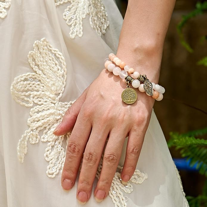 Bivei Natural Semi Precious Gemstone beads bracelet for women - Life Tree and Leaf Charm Energy Reiki Crystal Stretch Bracelets