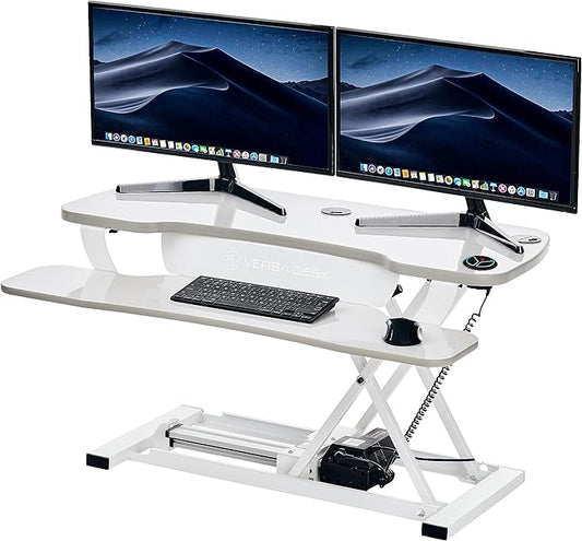VERSADESK® Electric Standing Desk Converter, 40 Inch Large PowerPro™ Height Adjustable Sit to Stand Desk Riser with Keyboard Tray, Built-in USB Charging Outlet, Ergonomic Workstation, White