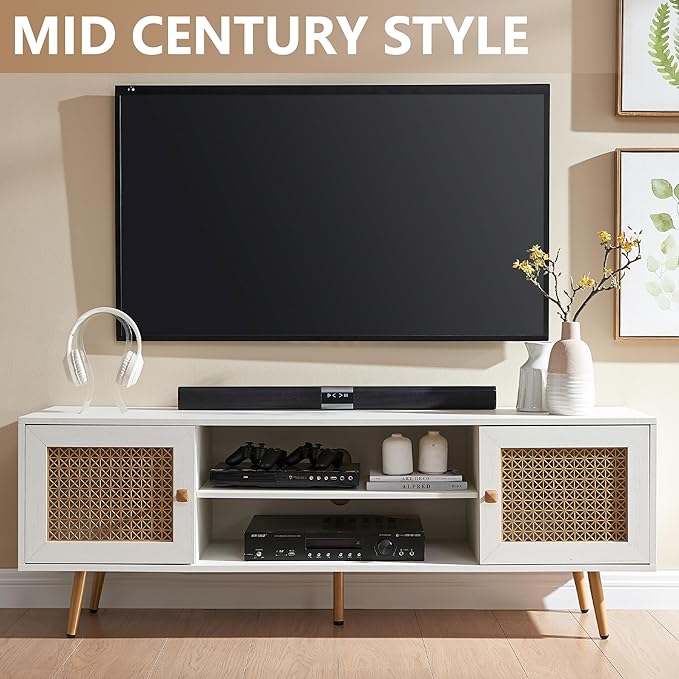 JYED Mid Century Modern TV Stand with Metal Mesh Doors and Open Shelf for 65" TVs,Antique White Media Console Wood Entertainment Center with Cable Holes for Living Room.59.06"x15.55"x20.87"