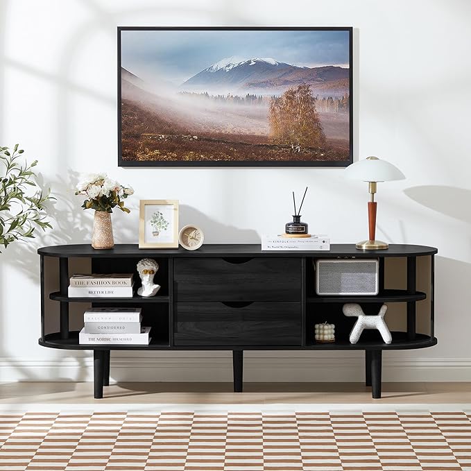 TV Stand, Media Console Table with Sliding Door and 2 Drawers, Modern Entertainment Center with Storage for Living Room, Bedroom, Home Office (Black with 2 Drawers)