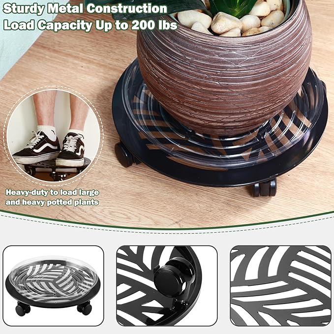 1 Packs Large Metal Plant Caddy with PU Wheels 13.6" Heavy-Duty Wrought Iron Rolling Plant Stands Indoor Outdoor Wheeled Plant Dolly Planter Mover Rollers Plant, Leaf Style