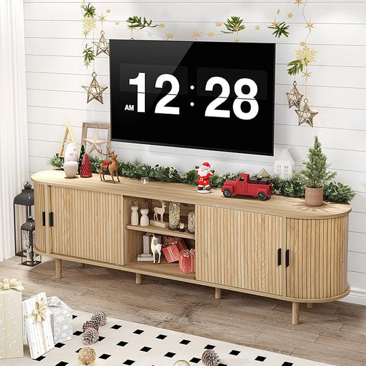 70-Inch Mid Century Modern TV Stand, Curved Entertainment Center with Fluted Sliding Doors, Storage Cabinet for TVs up to 75 Inch, Media Console for Living Room, Bedroom, Natural