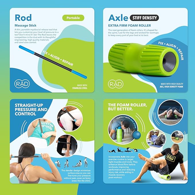 RAD Mobility Starter Pack for Myofascial Release, Muscle Recovery, and Tension Relief – Includes Exercise Foam Roller, Peanut Massage Ball, and Massage Stick