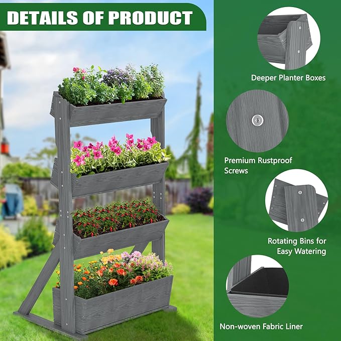 Wooden Vertical Raised Garden Bed, 4 Tier Garden Planters Raised Beds Freestanding Plant Stand Flower Rack Wooden Planter Box for Plants Herbs Flowers Vegetables Outdoor Indoor Gardening