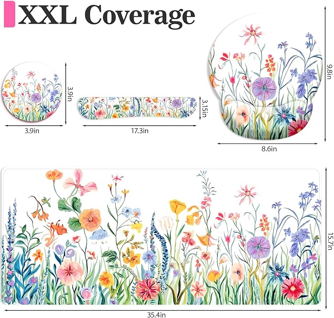 Long Mouse Pad XXL,Ergonomic Desk Mat Gaming Set,Keyboard Wrist Support Rest Mouse Pad Suitable for Office and Home (XXL Fragrant Plants)