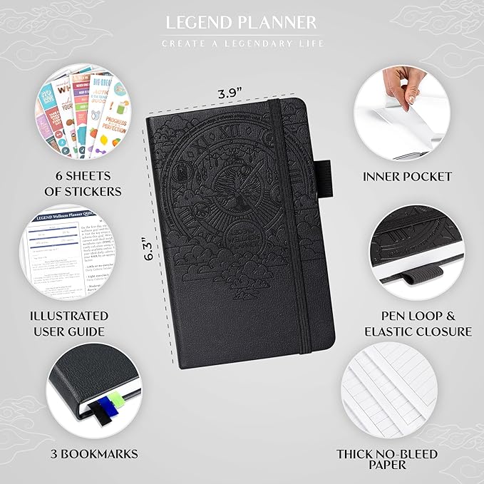 Legend Wellness Planner & Food Journal Pocket – Daily Diet & Health Journal with Weight Loss, Measurement & Exercise Trackers – Lifestyle & Nutrition Diary – Lasts 6 Months, 3.9x6.3″ – Black