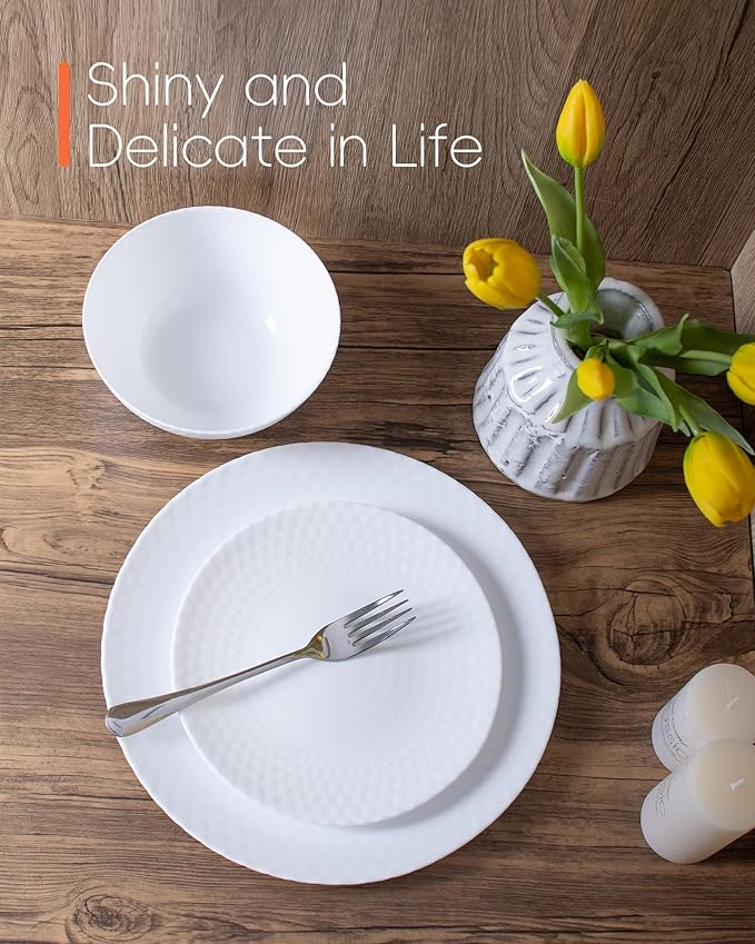 Dinnerware Sets for 4, Light & Durable 12 Pieces Opal Glass Plates and Bowls Set, Dishwasher and Microwave Safe Ribbed Dish Dinning Ware, Thin but Strong Geometric Faceted White