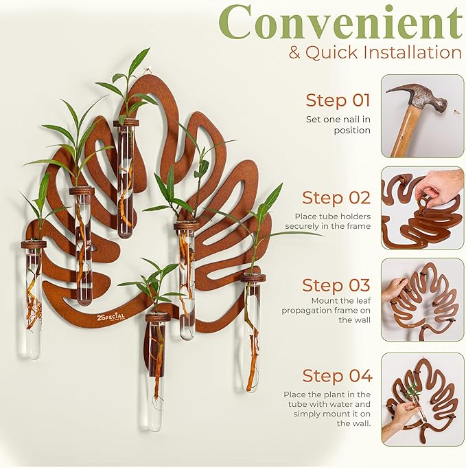 2Special Propagation Stations | Hanging Propagation Station and Wall Planters for Indoor Plants | Wooden Wall Vase, 6+1 Glass Propagation Vases for Plants | Leaf Shape Plant Propagation Station
