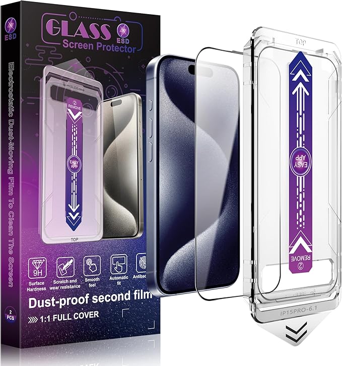 2 Pack Screen Protector Tempered Glass for iPhone 15 Pro 6.1-Inch Auto Dust Removal, No Bubbles, High Definition Clear, Easy Installation