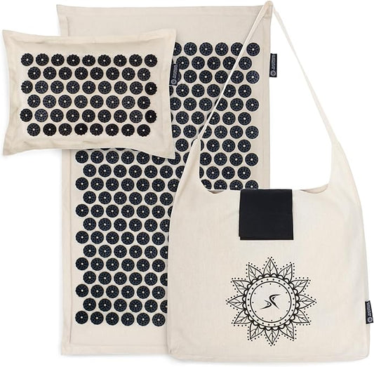 ProsourceFit Ki Acupressure Mat and Pillow Set with 100% Natural Linen for Back/Neck Pain Relief and Muscle Relaxation, Onyx Gold