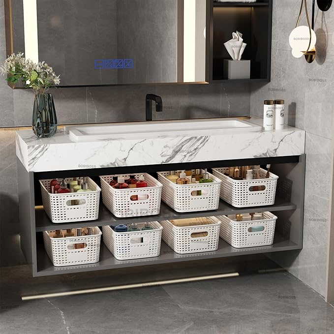 White Plastic Storage Baskets with Lids 12 Pack Stackable Storage Bins Containers for Shelves Organizing, Cute Decorative Storage Boxes for Classroom, Playroom, Closet, Pantry