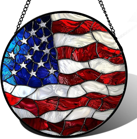 Stained Glass Window Hanging, Blue, White Red National Flag Pattern Sun Catchers Diamond Glass Panel Window Hangings Decor for Birthday Gifts for Women, Men, and Mom 14.9x14.9IN