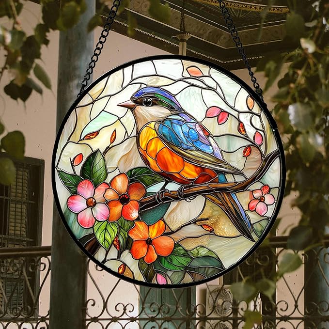 Stained Glass Window Hanging, Blue Bird Pink Flower Suncatcher Diamond Glass Panel Bird Sun Catchers Decor for Birthday for Women, Men, Wife, Aunt, and Mom 14.9x14.9 in