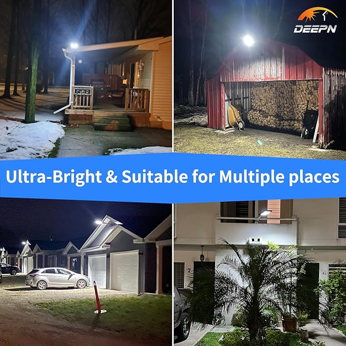 Deepn Solar Lights Outdoor for Outside, IP66 Waterproof Street Lights Outdoor, 6500K Dusk to Dawn Solar Security Flood Lights Motion Sensor with Remote Control for Yard, Entryway Garage, Porch