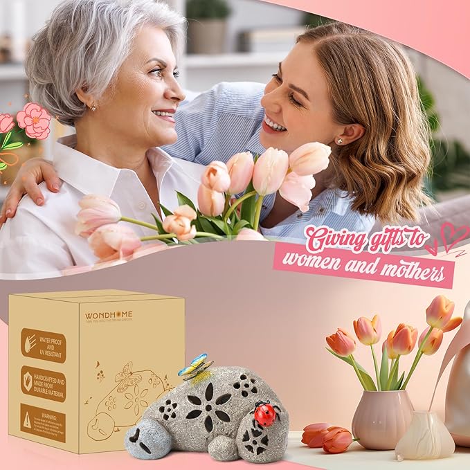 Solar Butterfly Garden Statues Outdoor Resin Ladybug on Rock Figurine with LED Lights Porch Patio Lawn Yard Art Decorations Birthday Christmas Gardening Gifts for Mom Women