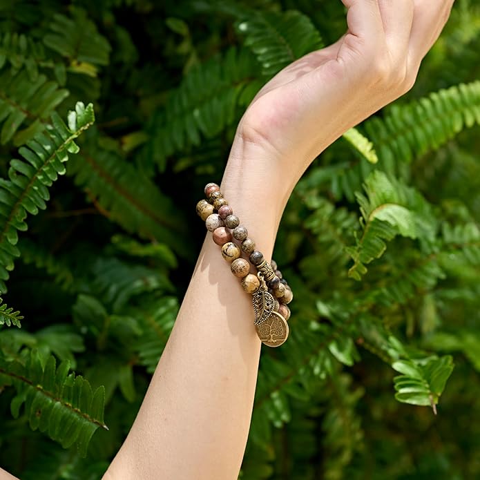 Bivei Natural Semi Precious Gemstone beads bracelet for women - Life Tree and Leaf Charm Energy Reiki Crystal Stretch Bracelets