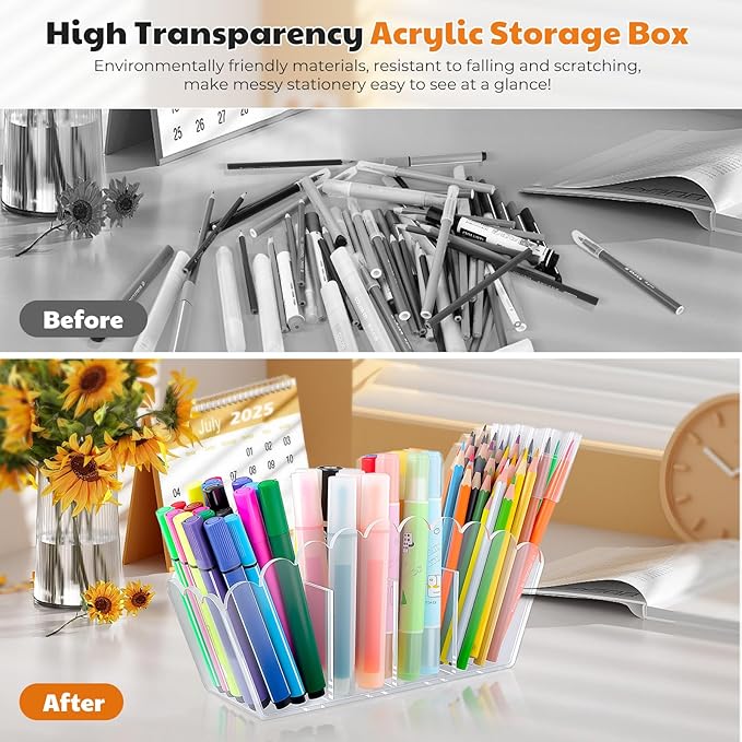 Scalloped Acrylic Pencil Holder – Clear Desk Organizer with 4 Compartments – Makeup Brush Holder & Remote Caddy for Office, Bathroom, Table – Party Accessory
