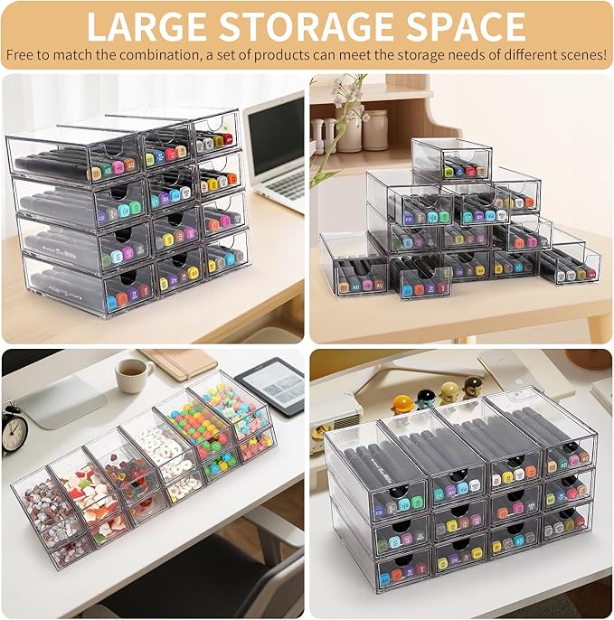 Desk Organizer with Drawers, Stackable Plastic Storage Drawers for Makeup or Desk Organization, Cabinets for Office Dressing Countertop Bathroom Bedroom (12 Packs)