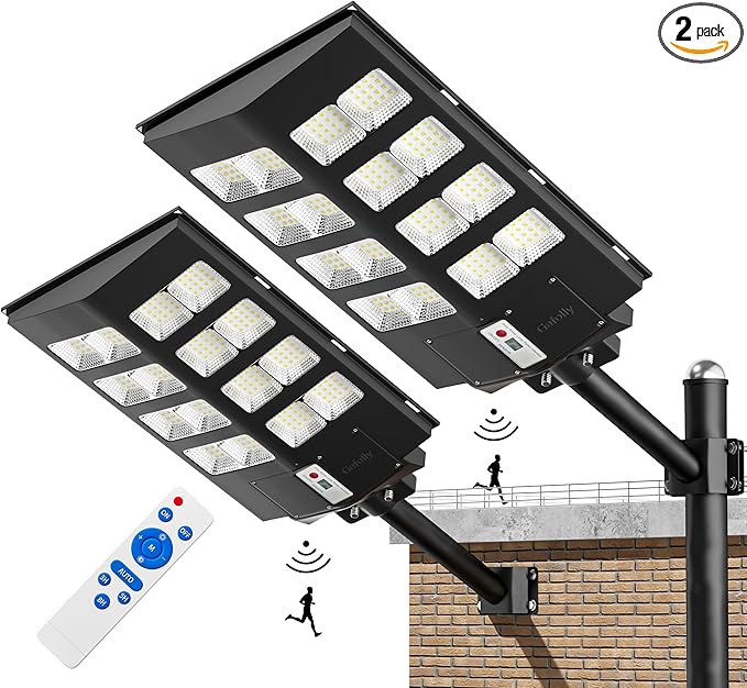 Gefolly SL-2800W Solar Street Light Outdoor, 280000LM Commercial Parking Lot Light Dusk to Dawn 6500K Security Flood Light with Motion Sensor for Roard, Garden, Basketball Courts -2 Pack