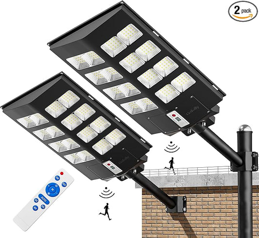 Gefolly SL-2800W Solar Street Light Outdoor, 280000LM Commercial Parking Lot Light Dusk to Dawn 6500K Security Flood Light with Motion Sensor for Roard, Garden, Basketball Courts -2 Pack