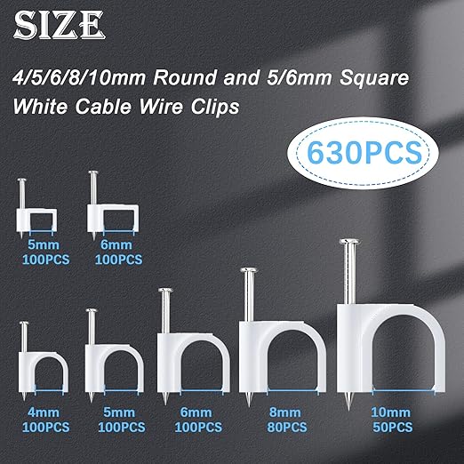 mxuteuk 630PCS Cable Clips with Steel Nails,4/5/6/8/10mm Round and 5/6mm Square White Cable Wire Clips,Wall Clips for Cords,Cable Cord Clips for RG6 RG59 CAT6 RJ45